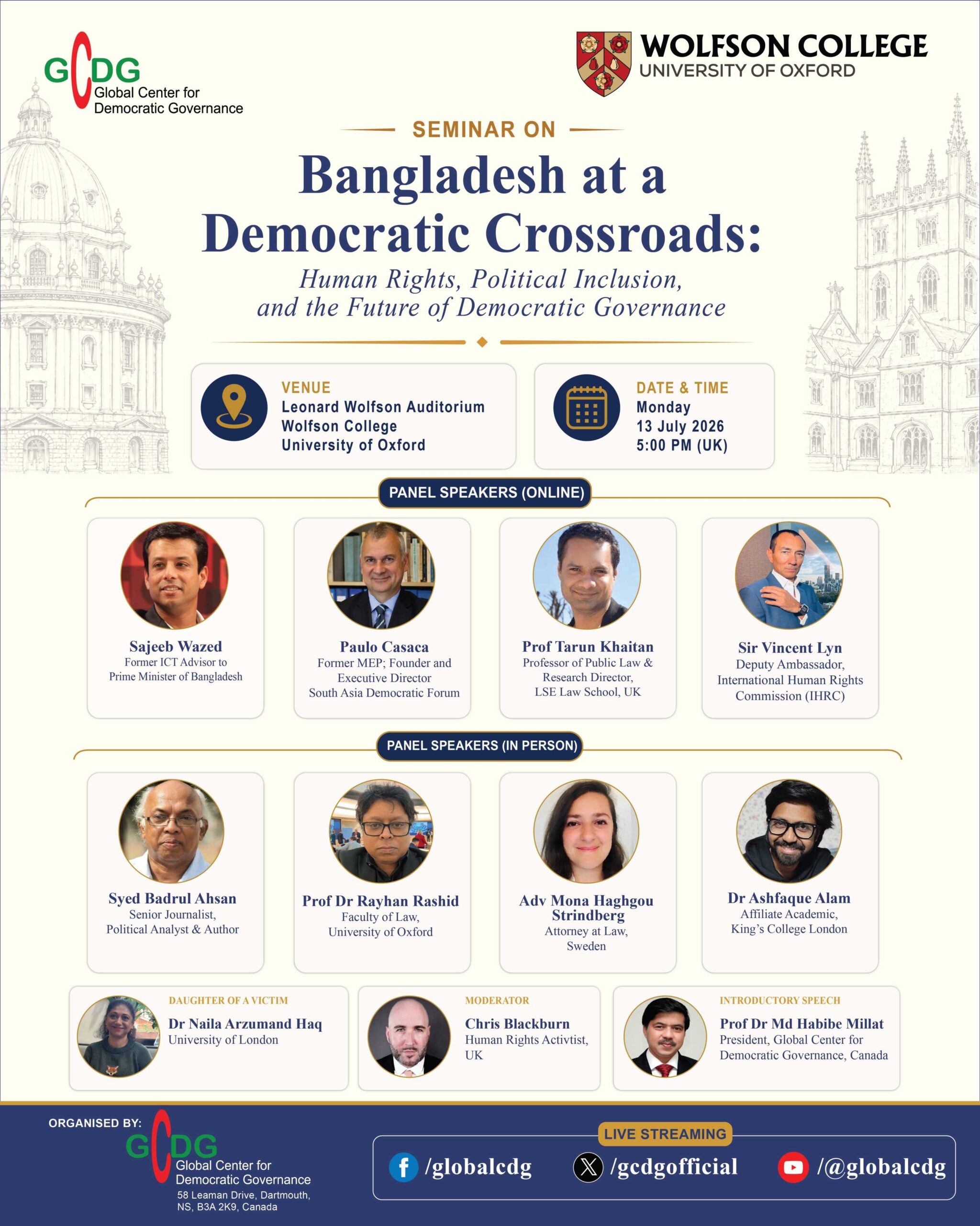 Poster for Bangladesh at a Democratic Crossroads seminar at Wolfson College, University of Oxford, on 13 July 2026